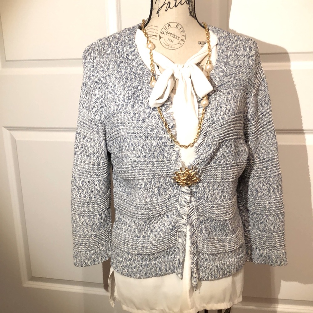 SzL blue and white fringe knit cardigan Chanel inspired